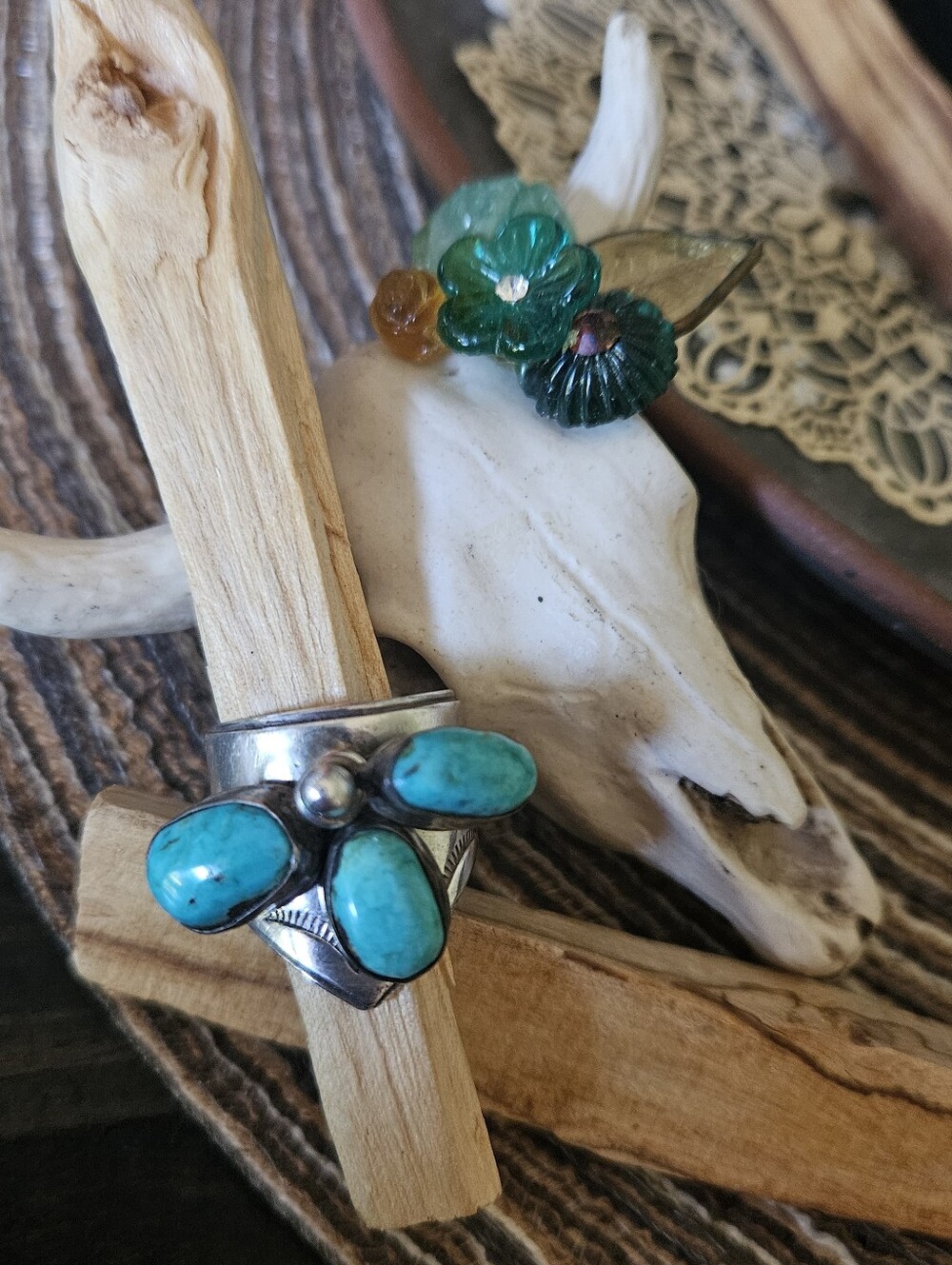 Vintage Navajo Signed 3 Turquoise Dangle Ring